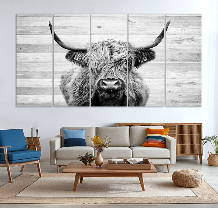 Scottish Highland Cow Cattle Art adds rustic farmhouse charm to the space.