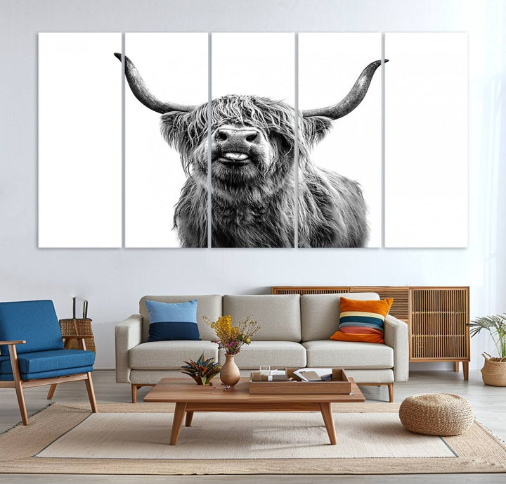 The Fanny Highland Cow art print decorates the modern kitchen, featured in black and white.