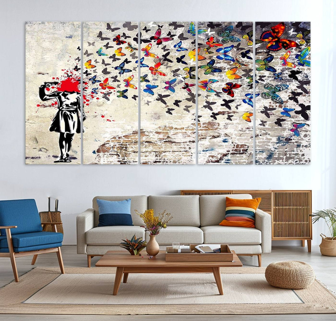 Banksy Art Butterfly Girl Explosion: Vibrant urban graffiti canvas for modern interiors, ready to hang.