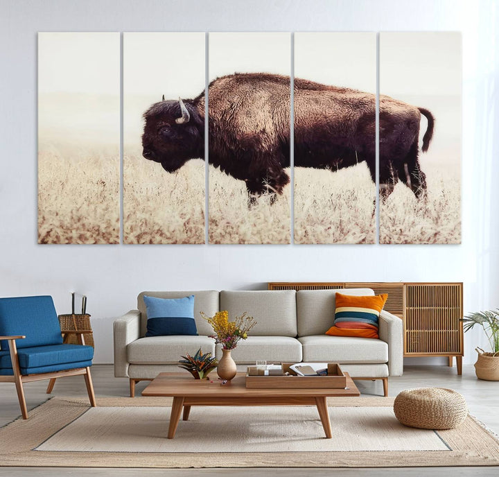 The dining room showcases the Bison in Field canvas print.