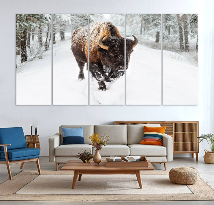 The dining area showcases the Bison Wall Art Canvas Print for Farmhouse.