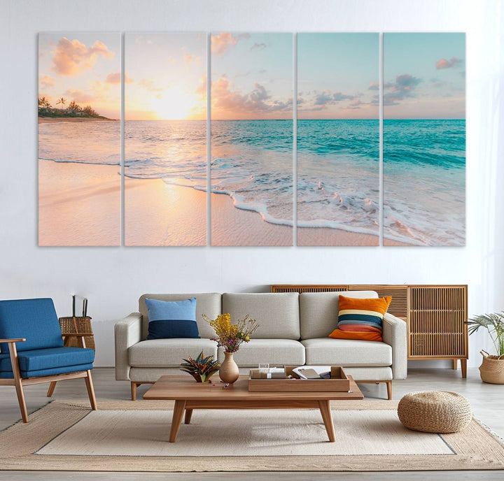 The kitchen features the Beach Sunrise Wall Art, Coastal Sunset Beach Scene.