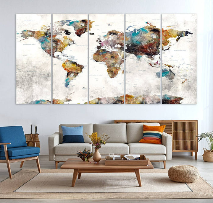 The Colorful World Map Wall Art Canvas Print adds vibrance to the space, ideal for geography lovers.