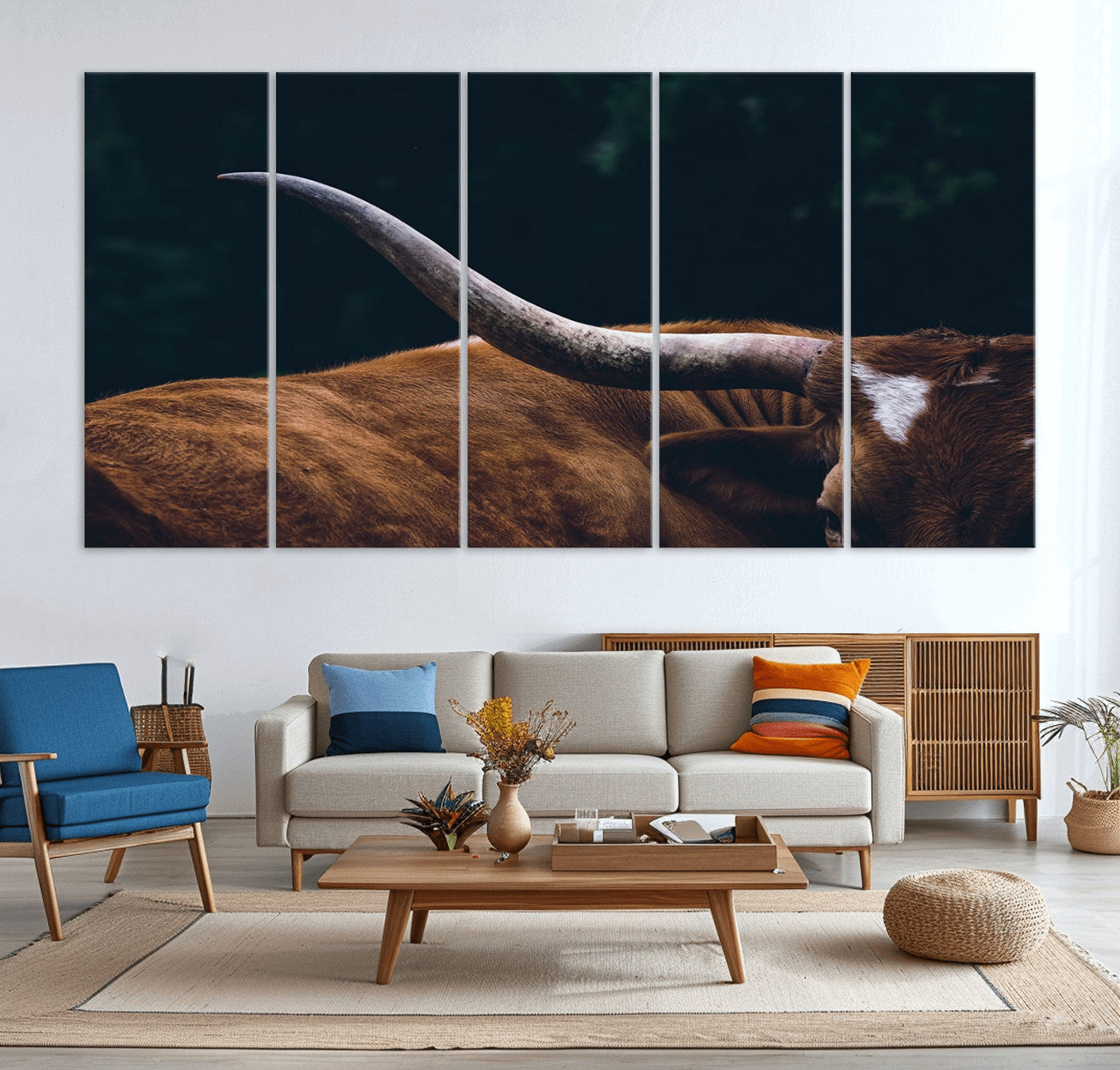 MGV-CV-60X31-5P - Texas Longhorn Bull Wall Art Canvas Print - Large Framed Canvas Wall Art, Animal Print for Rustic Home or Office Décor, Farmhouse Cabin Wall Decor