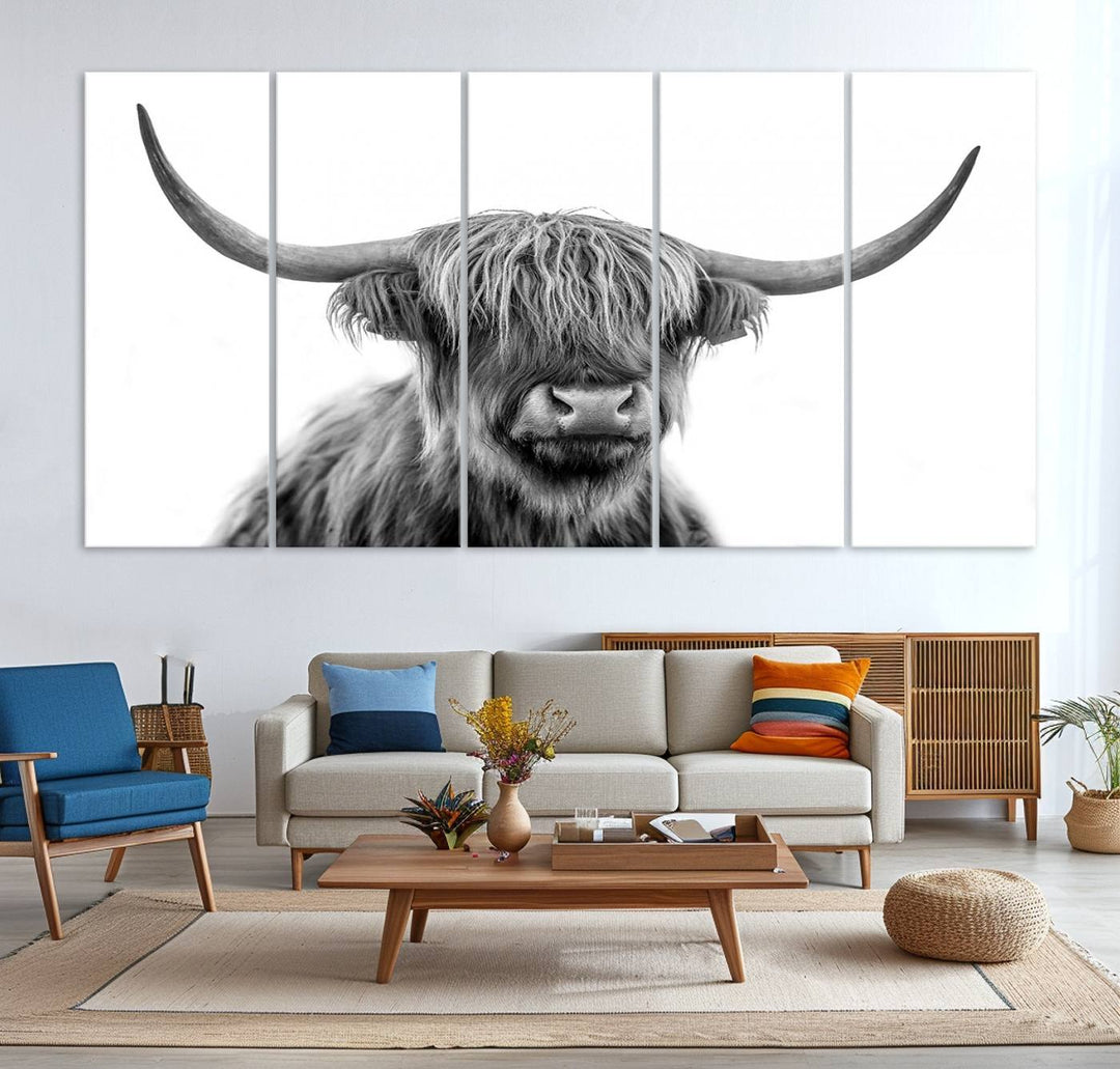 A Scottish Highland Cow Art Canvas adds charm to the farmhouse decor.