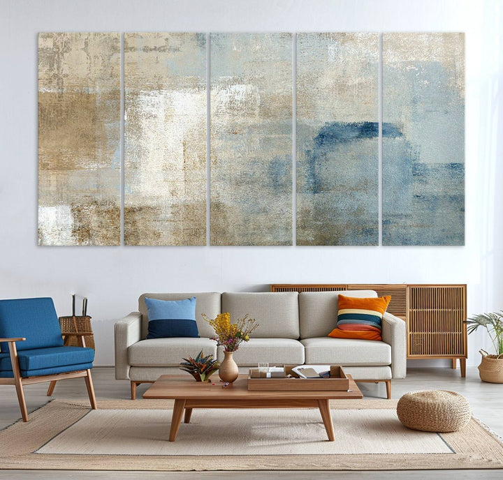 Abstract Blue and Beige Wall Art canvas print set with a modern minimalist aesthetic.