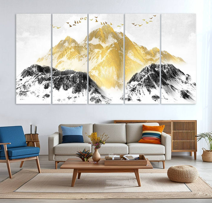 Golden Mountain Triptych Wall Art features gold-tinted mountains and birds.