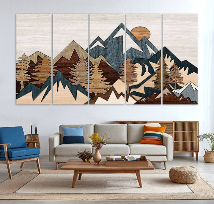 A Woodland Mountain Landscape Triptych serves as the centerpiece of the rustic decor.