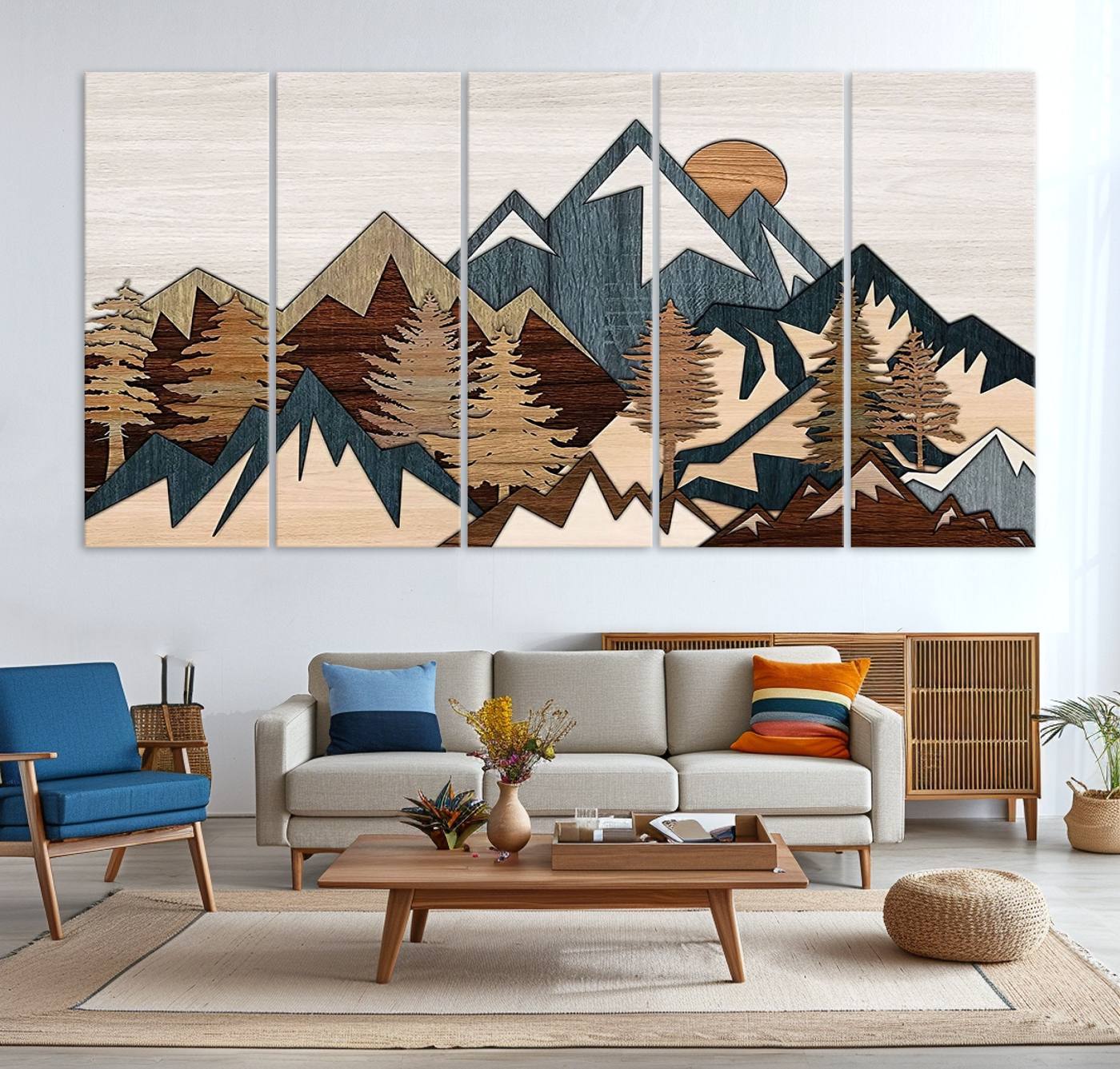 67950-MGV-CV-36X24-Rustic Abstract Wood Panel Effect Canvas Mountain Range Top Wood Wall Art Canvas Print