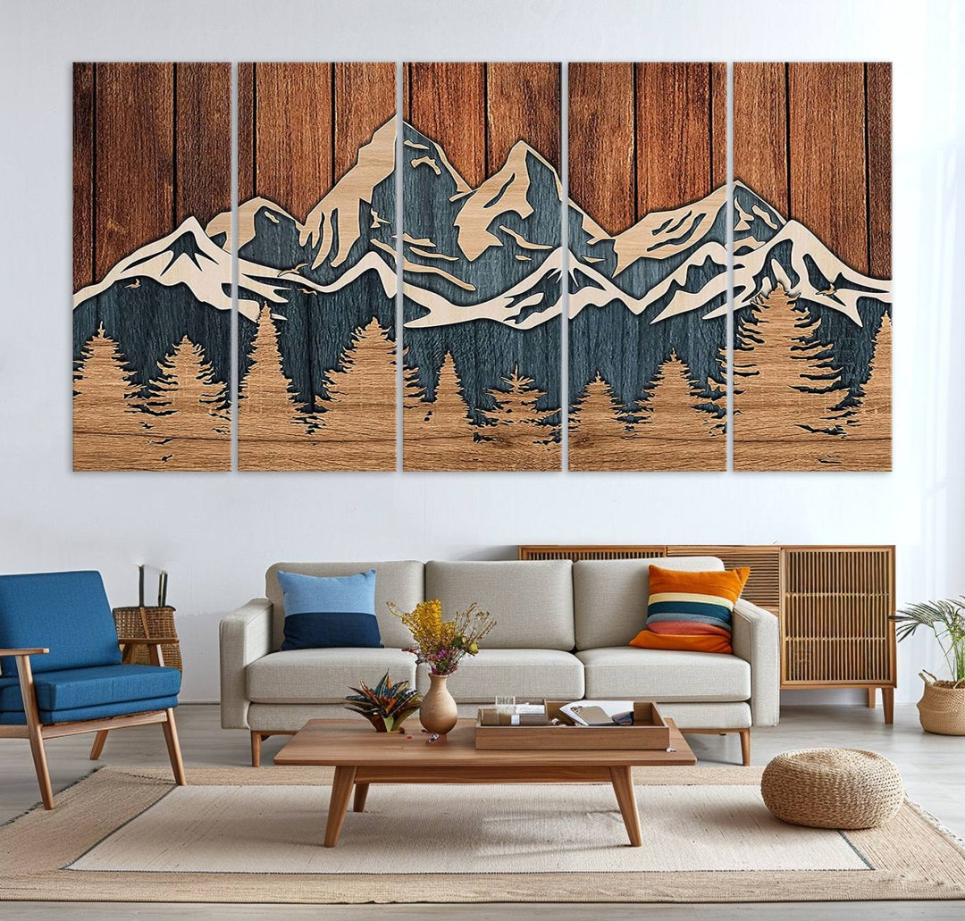 Rustic Wood Style Mountain Wall Art hangs on the wall.