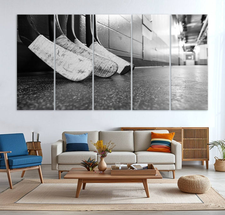 Ice Hockey Wall Art Canvas Print features a UV-protected black and white photo of hockey sticks.