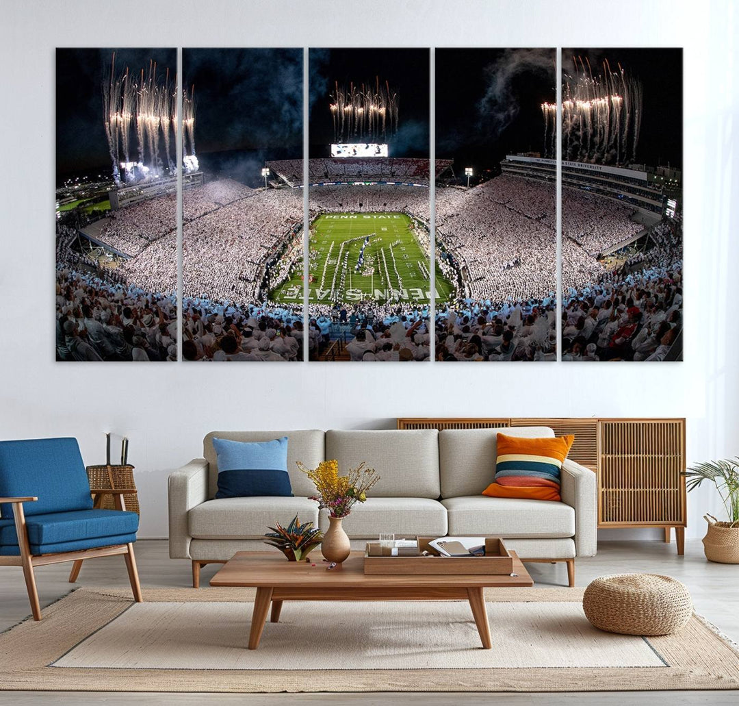 The perfect Penn State Football canvas wall art features a depiction of Beaver Stadium filled with fans in white, with fireworks exploding above.