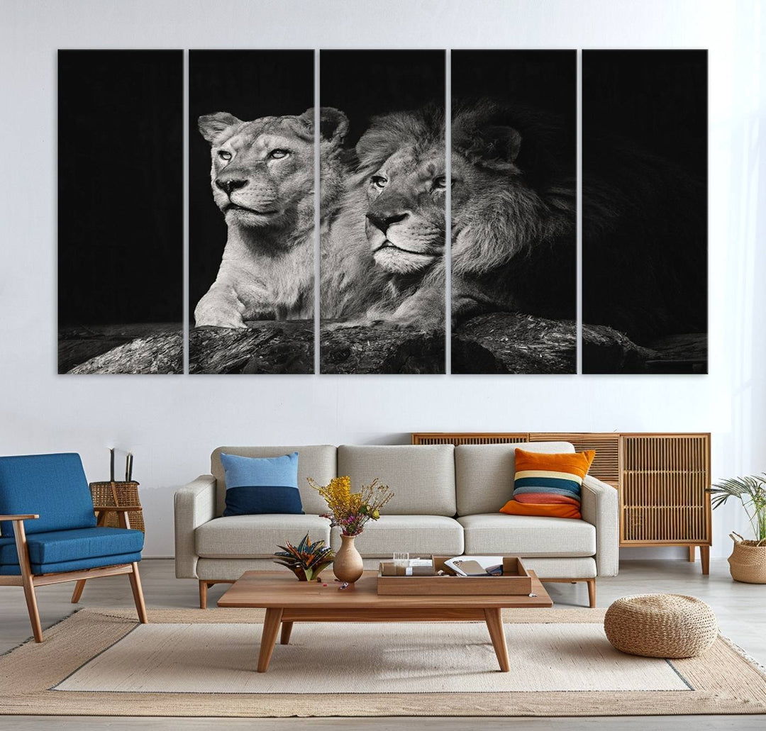 The Lion Couple Canvas Wall Art Print hangs prominently.