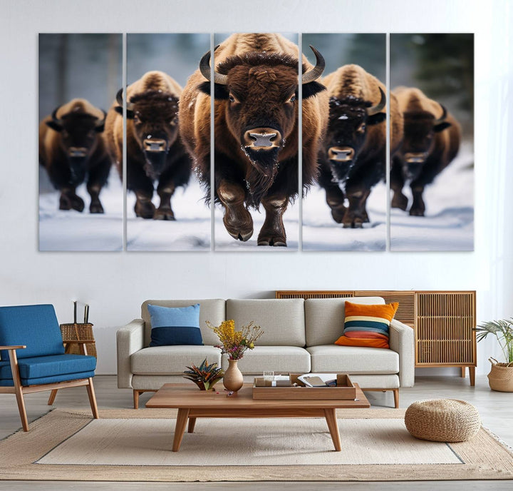 The dining room features an American Bison Herd Canvas Print against the snow.