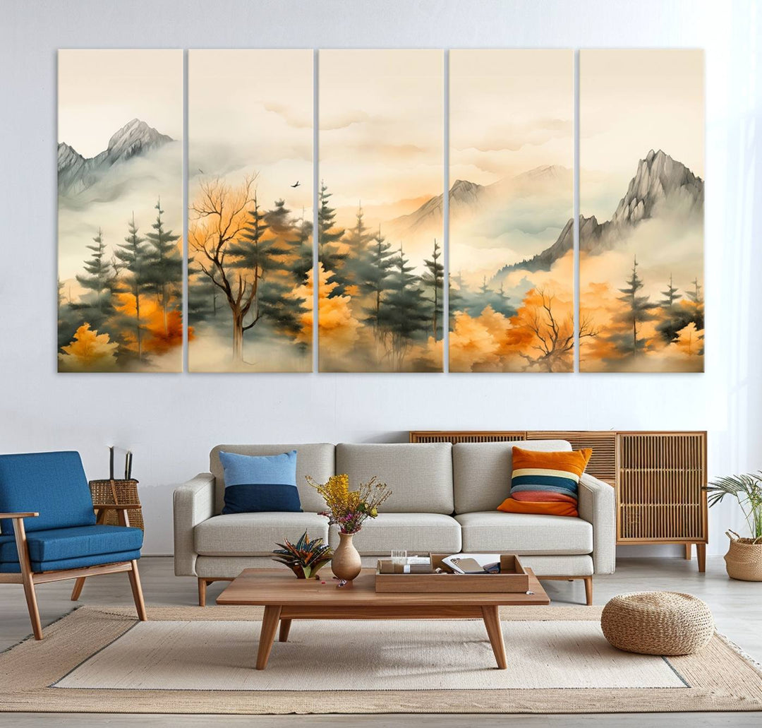 A wall art of Abstract Watercolor Mountains and Trees Autumn on museum-quality canvas.