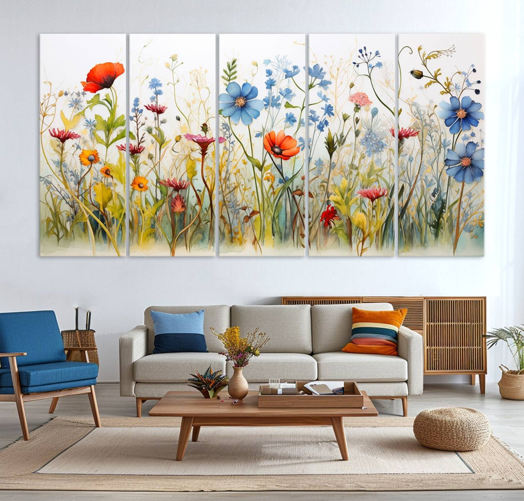 The vibrant Colorful Wildflower Canvas Wall Art adorns the wall.