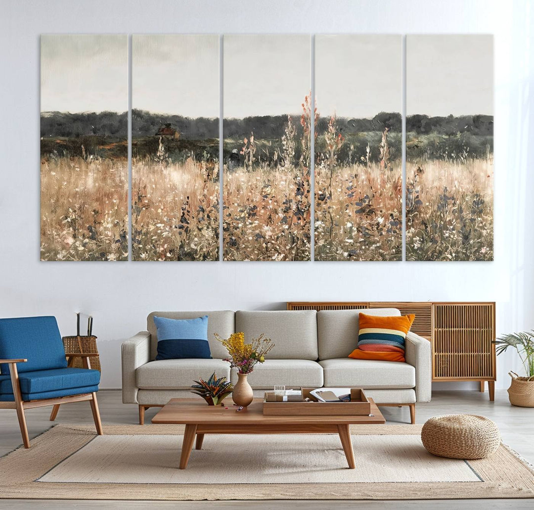 A dining room featuring the Abstract Wildflower Art Field Landscape Oil Painting Print.