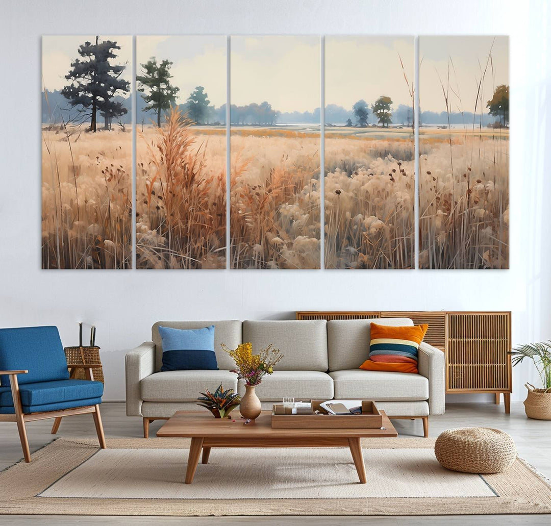 The Golden Fields Canvas Art Print, depicting a serene landscape, adds tranquility with its presence.