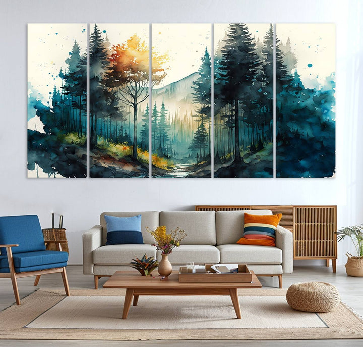 The Watercolor Trees Forest Abstract canvas print is displayed prominently.