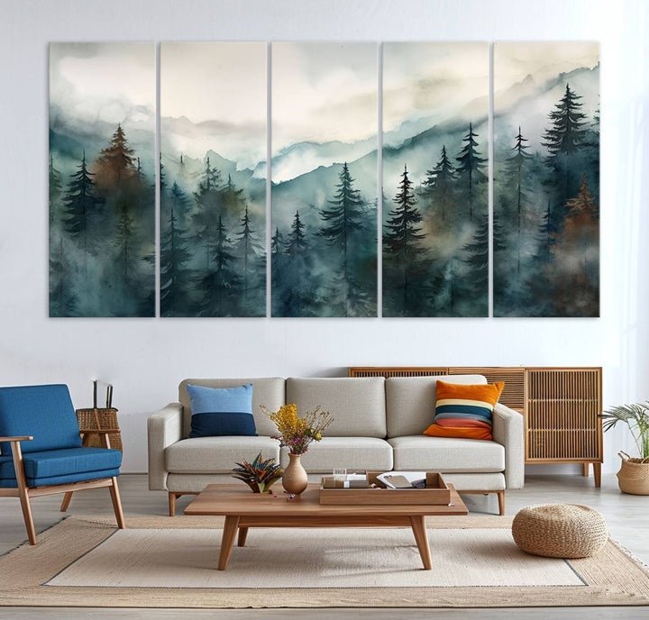 Serenity Forest Wall Art Canvas above the table adds a nature-inspired vibe to the space.