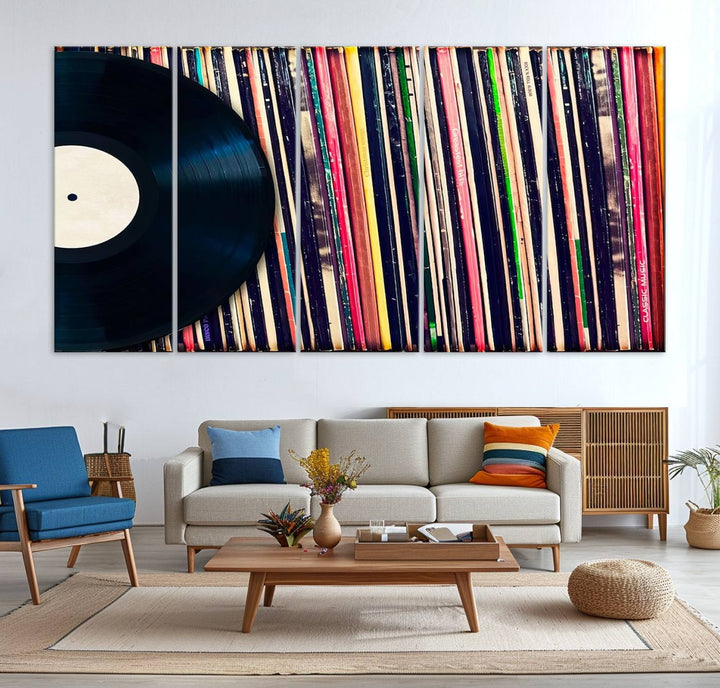 The Vinyl Record and Album Collection Canvas above the dining table enhances the modern kitchen, creating a perfect aesthetic for vintage vinyl lovers.