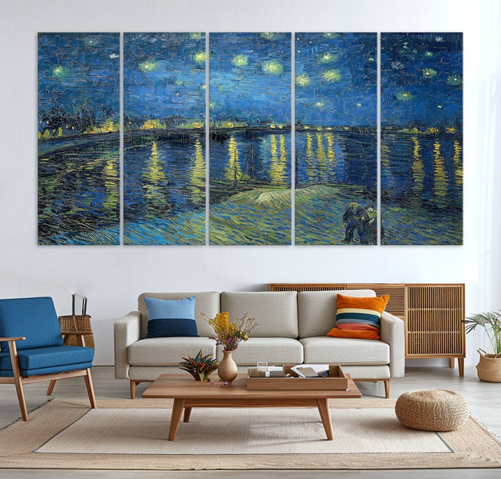 A Vincent van Gogh Starry Night over the Rhone canvas print is displayed on a porch.