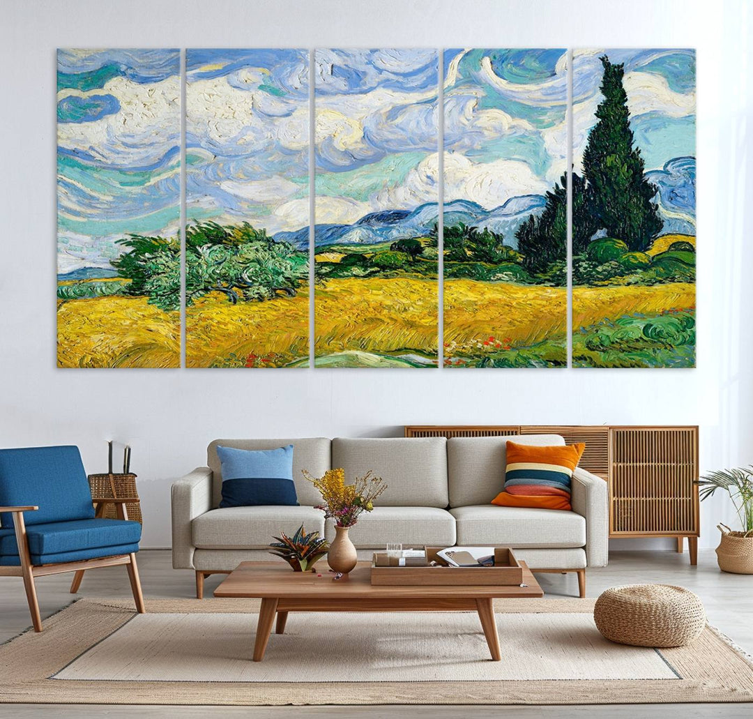 A kitchen featuring Wheatfield With Cypresses Van Gogh canvas wall art.