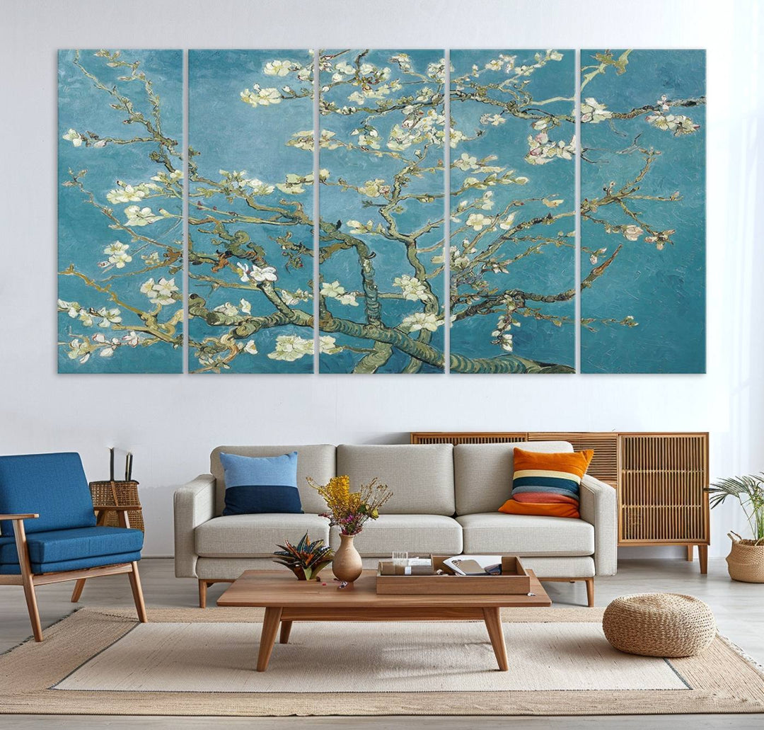 The wall art, Vincent Van Goghs Almond Blossom, stands out with its vibrant depiction against a serene blue background.