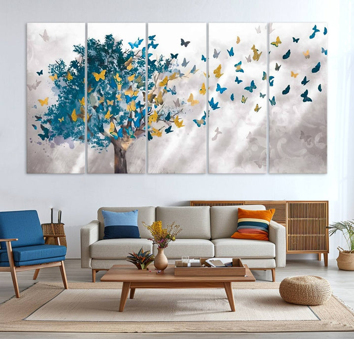 The modern dining room features Tree Butterfly Abstract Wall Art, adding a touch of nature-inspired decor.