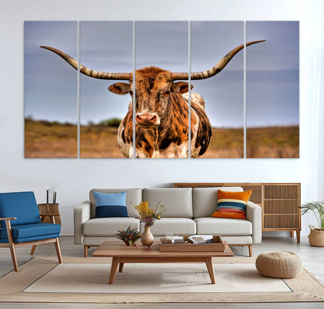 The Texas Longhorn Wall Art Print is displayed in a stylish living room.