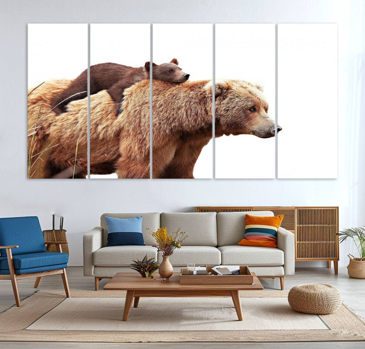 Mother and Baby Bear canvas: an adorable wildlife print displayed on a dark green wall.