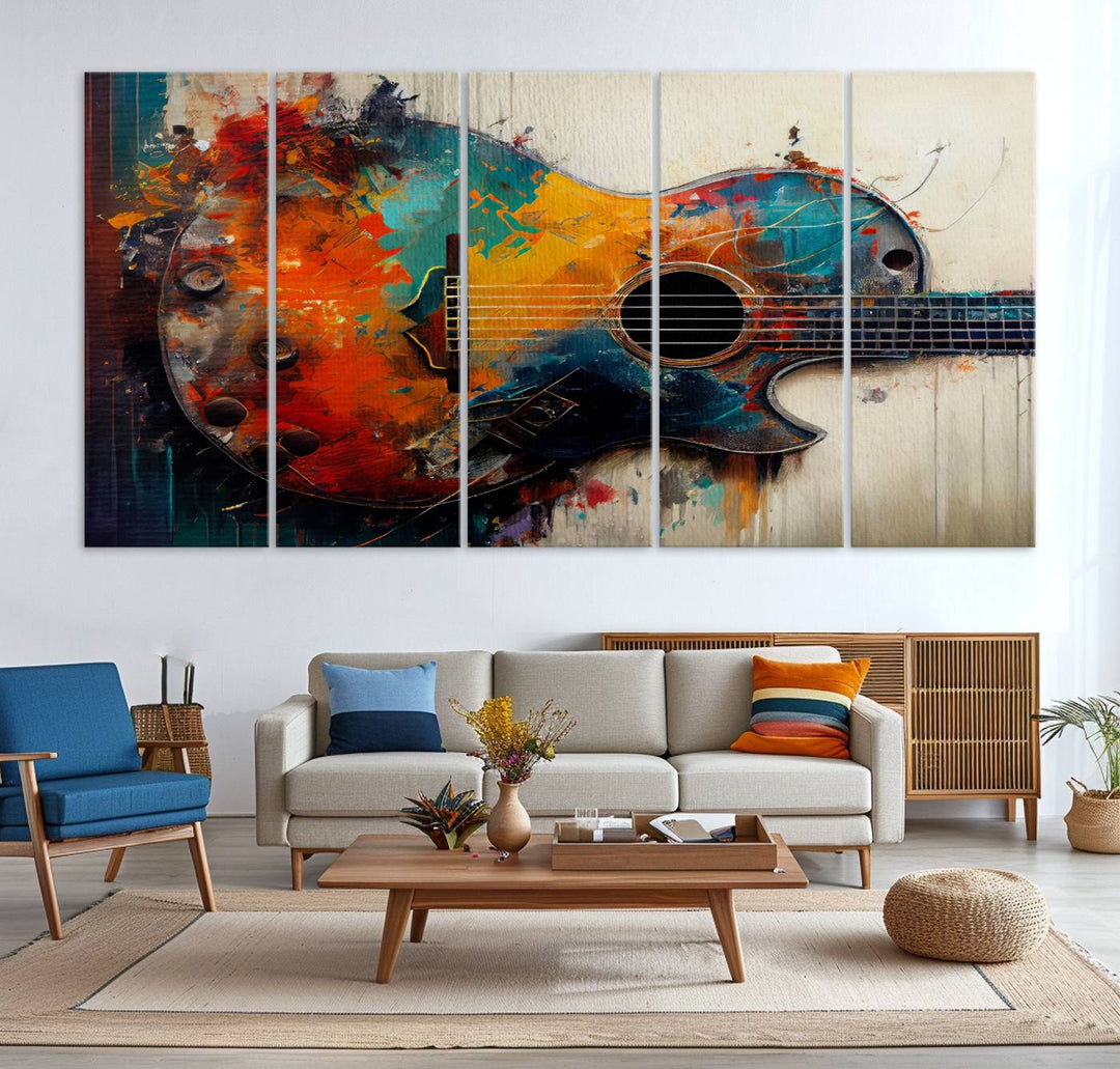 A vibrant guitar wall art canvas is mounted on the wall.