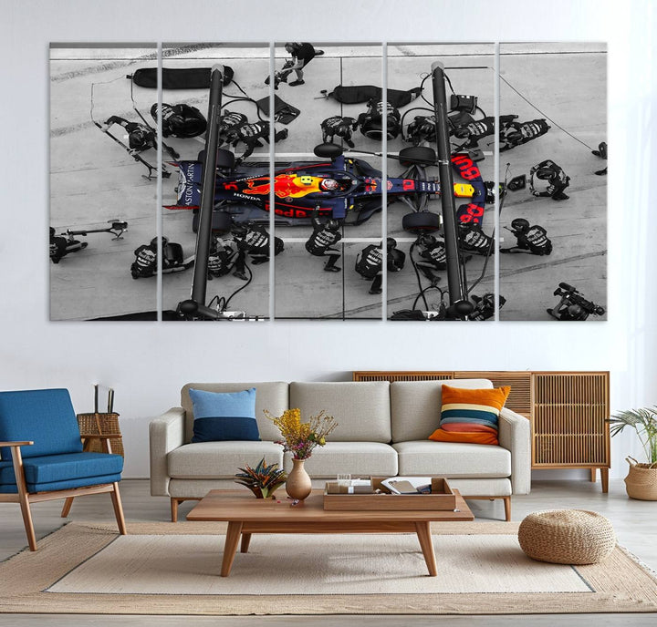 Red Bull Formula 1 Canvas Wall Art Print: An aerial view of a Formula 1 pit stop featuring a Red Bull car on premium canvas.