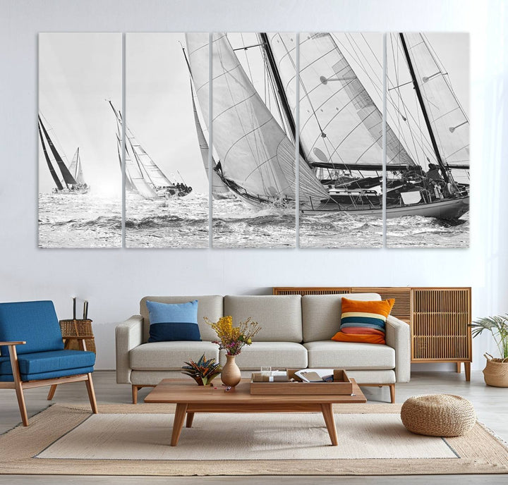 Yacht Sailboat Regatta canvas print on a textured wooden wall.