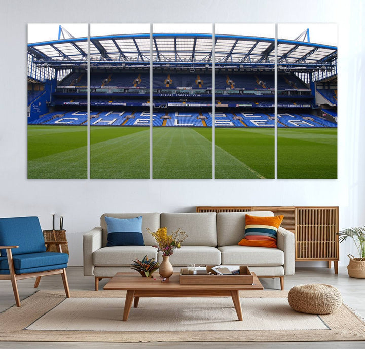 The wall art features a Chelsea FC Stamford Bridge Stadium canvas print.