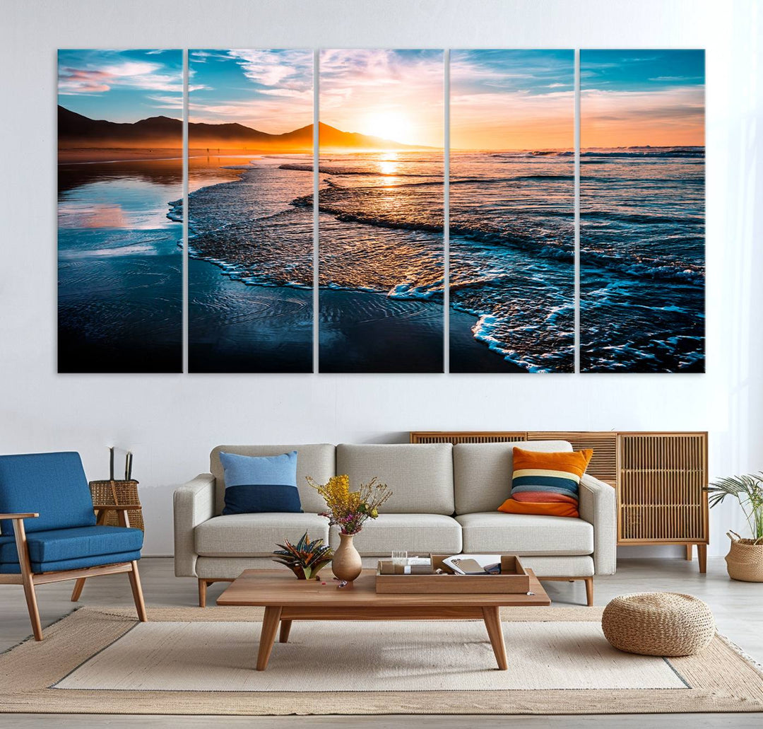 The Sunset Beach Ocean Canvas Wall Art – Tranquil Reflections at Dusk enhances the ambiance with its captivating depiction of serene ocean views at dusk.