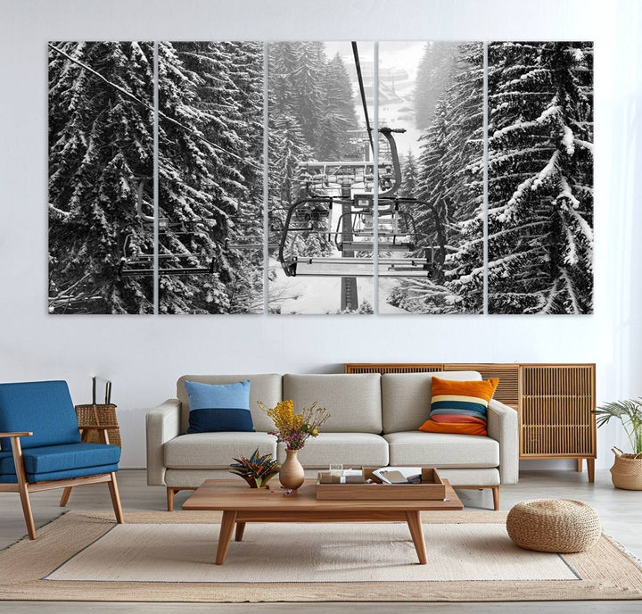 The Winter Ski Lift Canvas in minimalist style adds a unique touch to the dining room.