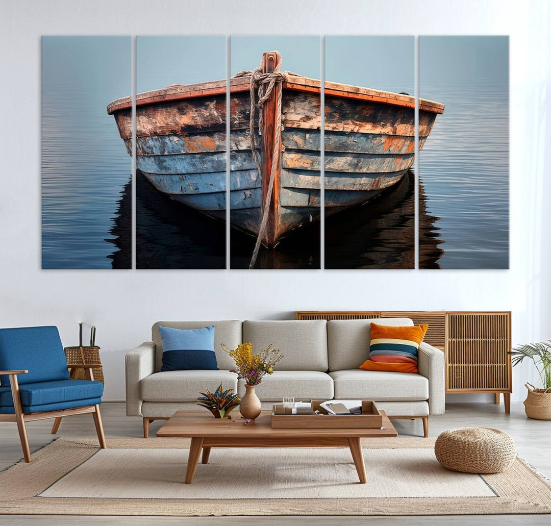 Stunning vintage boat canvas print featuring a calm water scene.