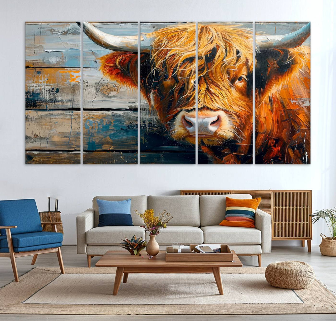 The dining room features Highland Cow Abstract Canvas Wall Art in a farmhouse rustic decor style.