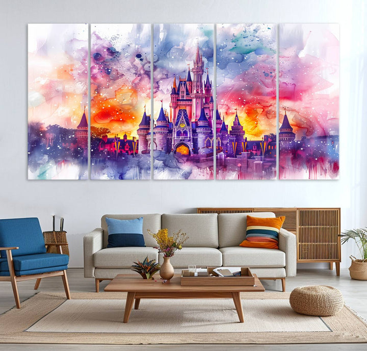 The watercolor Disney Wall Art showcases Cinderellas Castle in pink, purple, and orange hues.