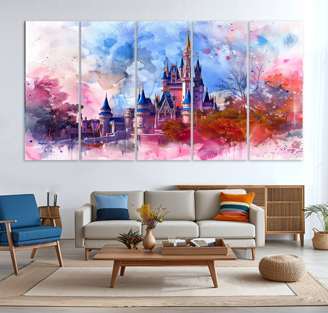 A Disney Wall Art: Dreamy Watercolor Cinderella Castle Canvas Print hangs prominently.