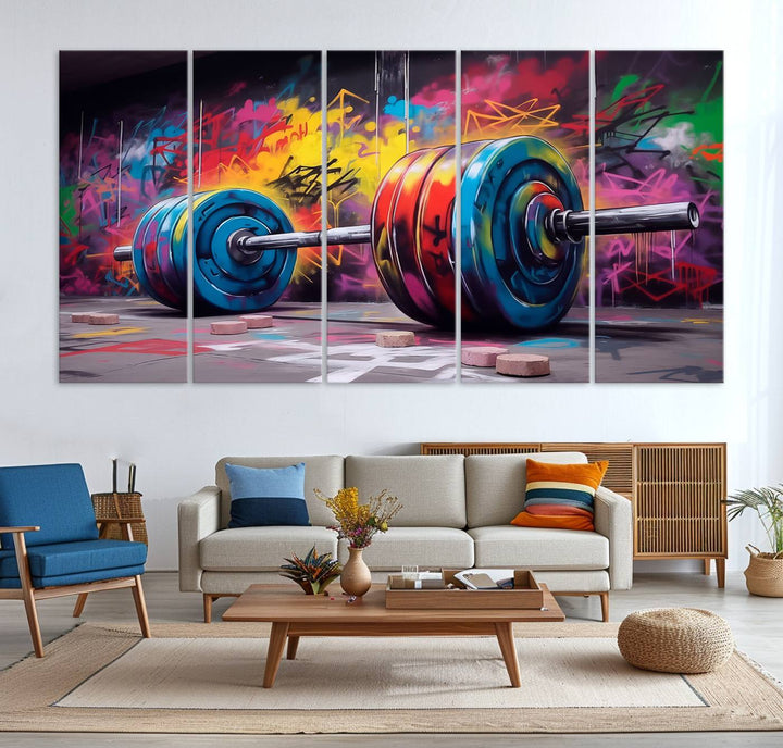 The Abstract Graffiti Barbell Canvas Wall Art is displayed on a porch.