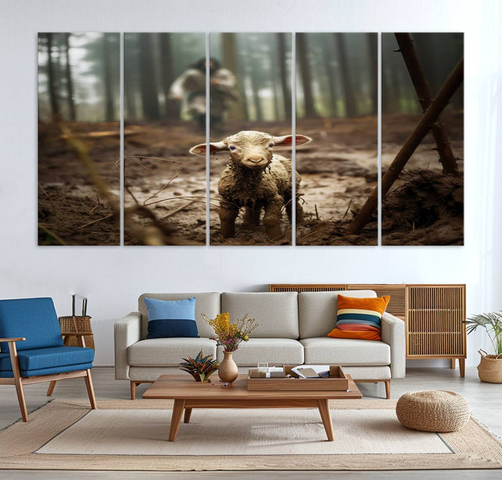 The Jesus Lost Lamb Canvas Wall Art features a heartwarming woodland scene, beautifully capturing the essence of serenity and grace.