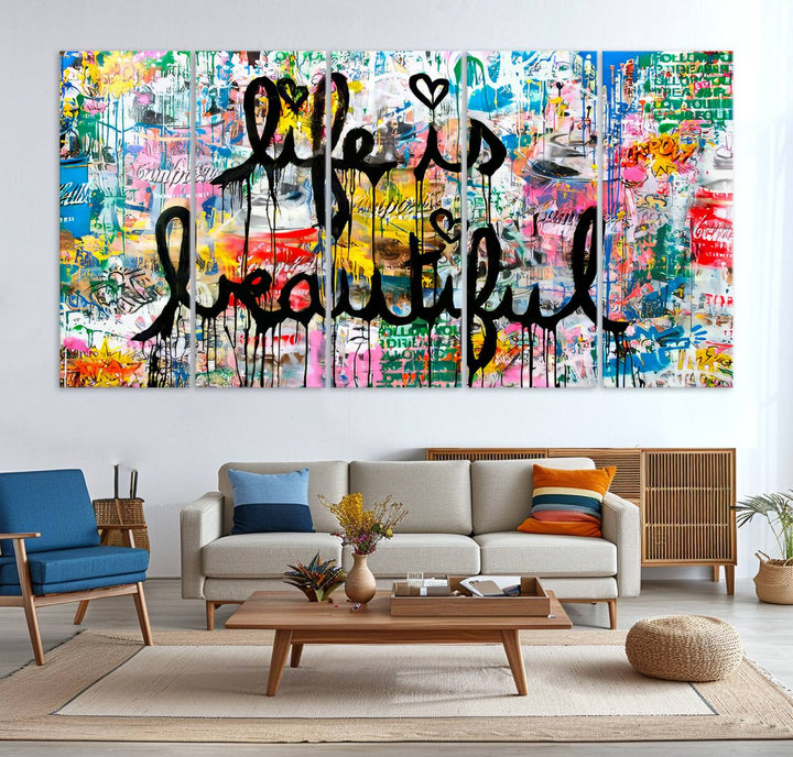 The Life Beautiful graffiti style canvas print is showcased in black script.