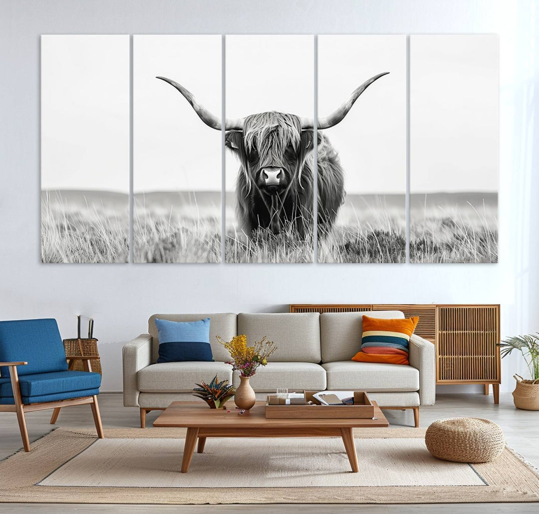 The Majestic Beauty canvas of a Highland cow adds elegance to the white walls as it hangs prominently.