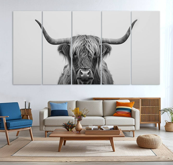 The Farmhouse Longhorn Wall Art Canvas Print adds rustic charm.