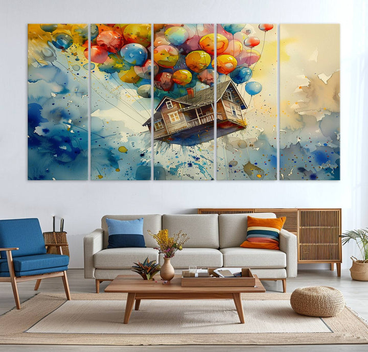 UP-Inspired Floating House with Balloons Triptych Canvas Art – Colorful 3-Panel Wall Decor for Living Room, Office, or Nursery
