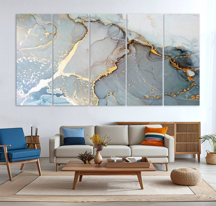 A blue and gold marbled Large Abstract Marble Wall Art Canvas Print hangs overhead.