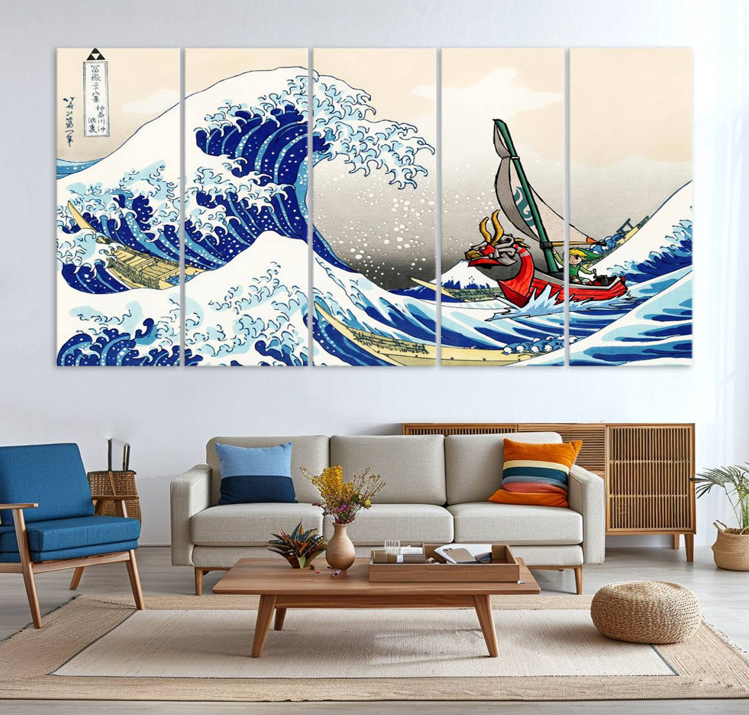 The Katsushika Hokusai Kanagawa Giant Wave Canvas print captures a vibrant sailing scene.