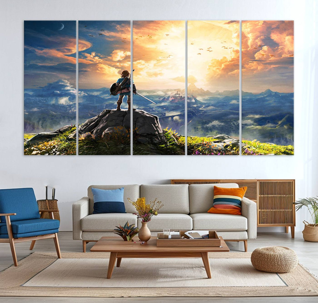 A vibrant Legend of Zelda Breath of the Wild canvas print depicts a figure standing on a rock with mountains and sky in the background.